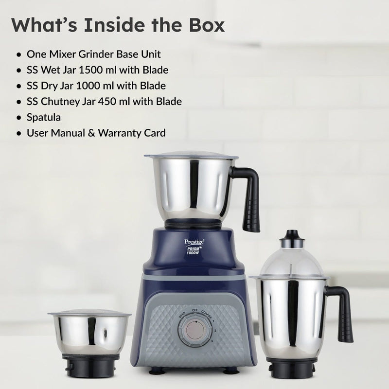 Prestige Prism Plus 1000W Mixer Grinder with 3 Stainless Steel Jars – 1.5L Wet Jar, 1.0L Dry Jar, 450ml Chutney Jar | 4-Speed Heavy Duty Motor, Prestige 1.5L PMC 3.0 Plus Multi Kettle / Multi Cooker