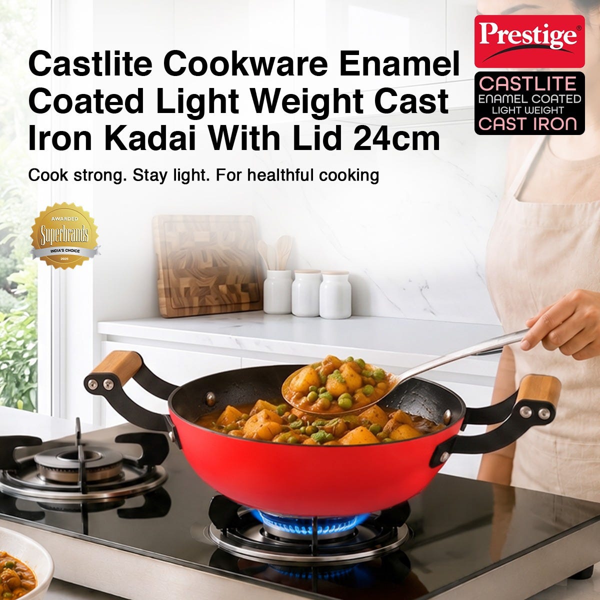 Prestige Castlite Enamel Coated Cast Iron Fry Pan 20cm/0.8L, Lightweight, Stay-Cool Handle + Prestige Castlite Enamel Coated Cast Iron Kadai 24cm/2.3L with Glass Lid, Gas & Induction, 15Y Warranty