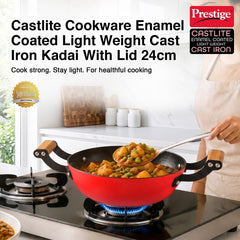 Prestige Castlite Enamel Coated Cast Iron Fry Pan 20cm/0.8L, Lightweight, Stay-Cool Handle + Prestige Castlite Enamel Coated Cast Iron Kadai 24cm/2.3L with Glass Lid, Gas & Induction, 15Y Warranty