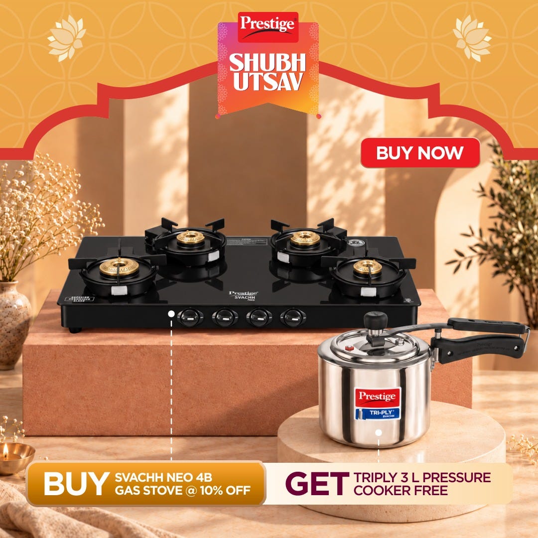 Prestige Svachh Neo Toughened Glass Top Gas Stove with Liftable 4 Burners, Black, GTSN 04 L + Prestige 3 Litre TRIPLY Svachh Inner Lid Pressure Cooker, Deep Lid for Spillage Control, Gas & Induction