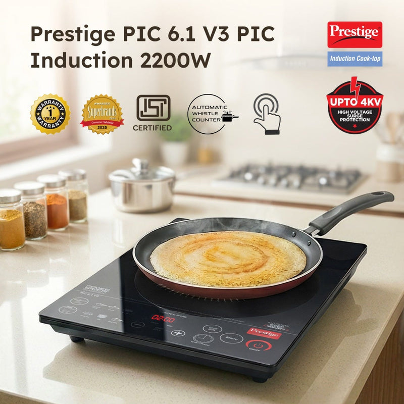 Prestige PIC 6.1 V3 2200W Induction Cooktop, Whistle Counter, 4KV Surge Protection, 7 Indian Menus + Prestige TRIPLY Splendid 4 Pc Cookware Set: Fry Pan 22cm, Kadai 22cm, Saucepan 14cm, SS Lid 24cm