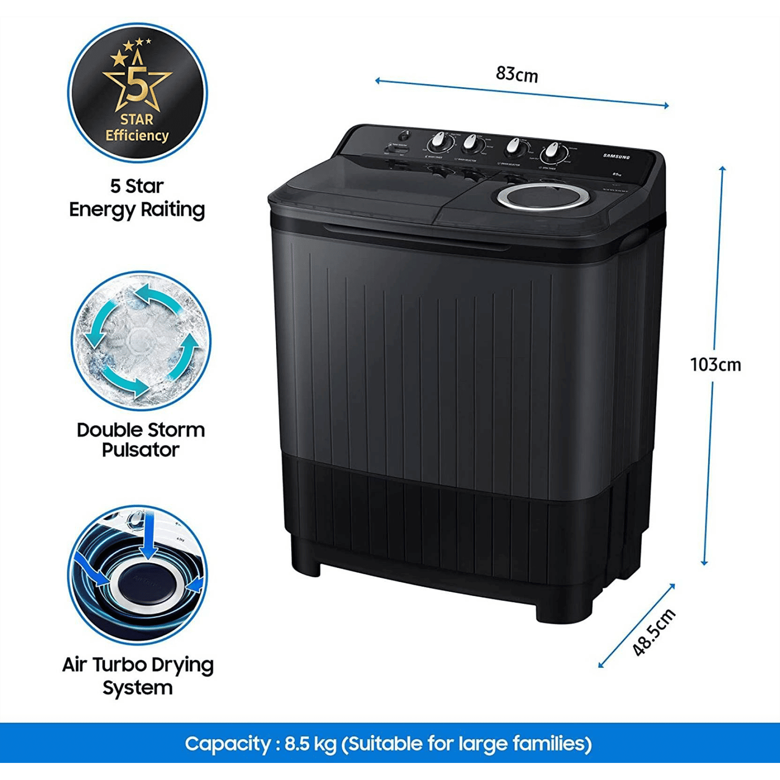 SAMSUNG 8.5 kg 5 Star Semi Automatic Washing Machine with Air Turbo Drying System (WT85B4200GD/TL, Dark Grey)