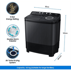 SAMSUNG 8.5 kg 5 Star Semi Automatic Washing Machine with Air Turbo Drying System (WT85B4200GD/TL, Dark Grey)