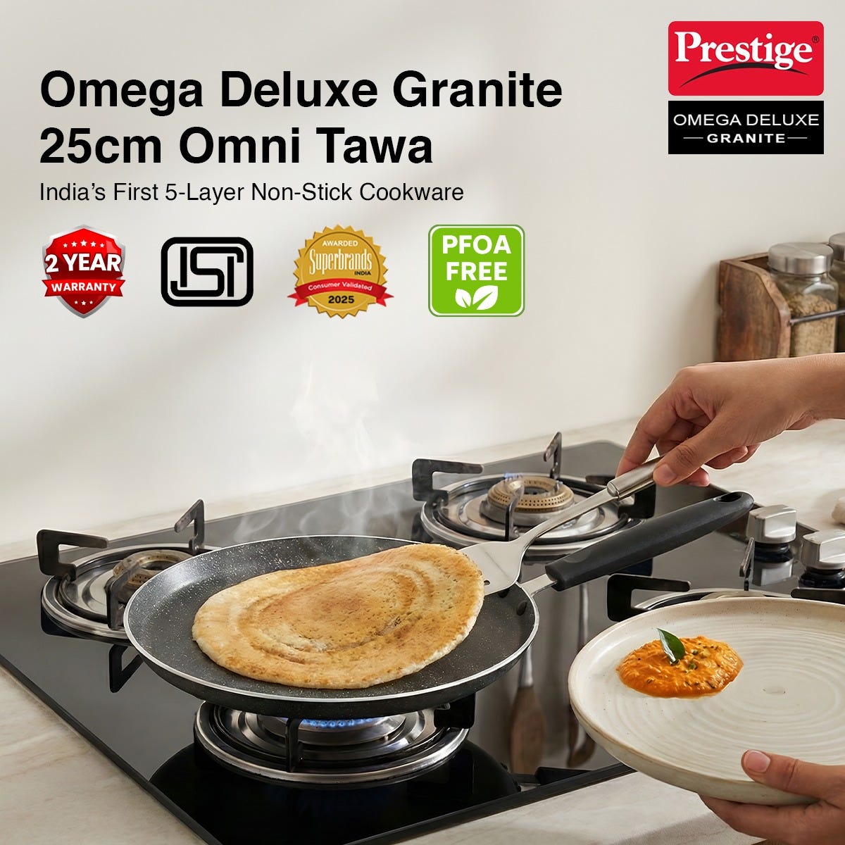 Prestige Deluxe Alpha Stainless Steel Pressure Cooker 4.0 L, Prestige Omega Deluxe Granite Non-stick Round Base Omni Tawa, 25 cm (Black)