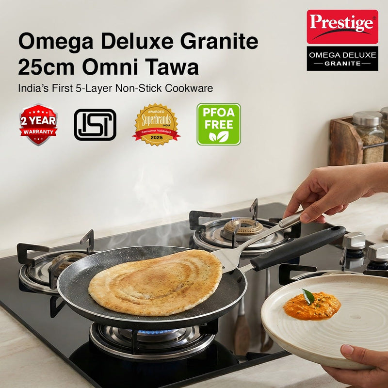 Prestige Deluxe Alpha Stainless Steel Pressure Cooker 4.0 L, Prestige Omega Deluxe Granite Non-stick Round Base Omni Tawa, 25 cm (Black)