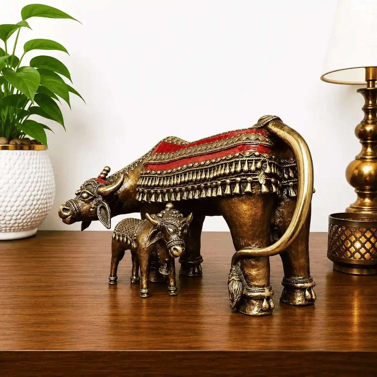 Brass Dhokra Kamdhenu Cow with Calf Statue (7 Inch)