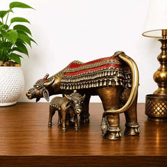 Brass Dhokra Kamdhenu Cow with Calf Statue (7 Inch)