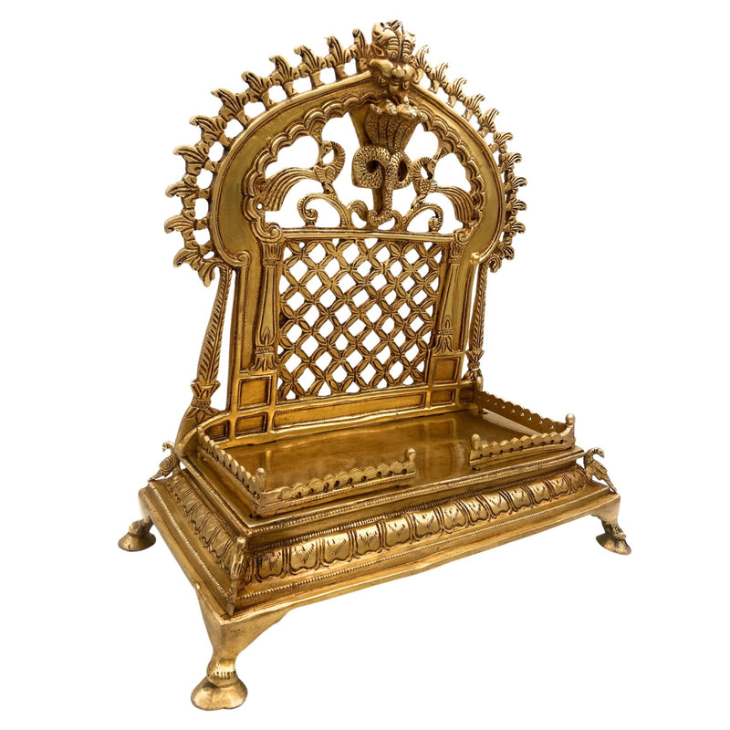 Brass Handcrafted Pooja Chowki with Prabhavali, Heavy Singhasan Peetha for Deity, Temple Bajot, Mandir Throne Stand, Gold, 14 Inch, 1 Piece