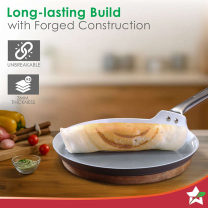 Eco-Glide Dosa Tawa | Chemical-free Ceramic Coating | 28cm | Healthy, Low Oil Meals | Scratch-resistant | Stainless-steel Handle | Gas & Induction Compatible | Grey | Easy to Clean