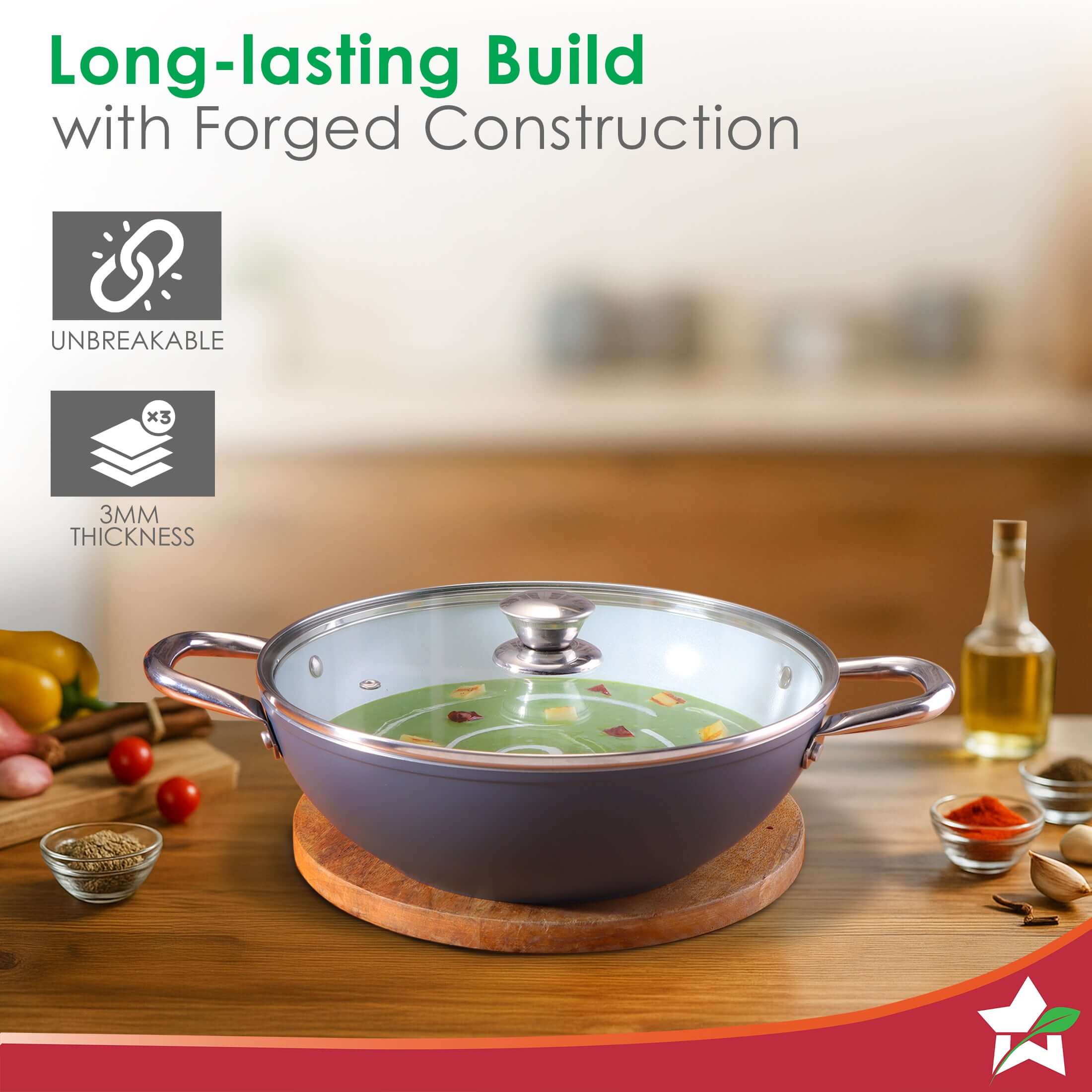 Eco-Glide Kadhai with Glass Lid | | Chemical-free Ceramic Coating | 28cm, 4.3L | Healthy, Low Oil Meals | Scratch-resistant | Stainless-steel Handle | Gas & Induction Compatible | Grey