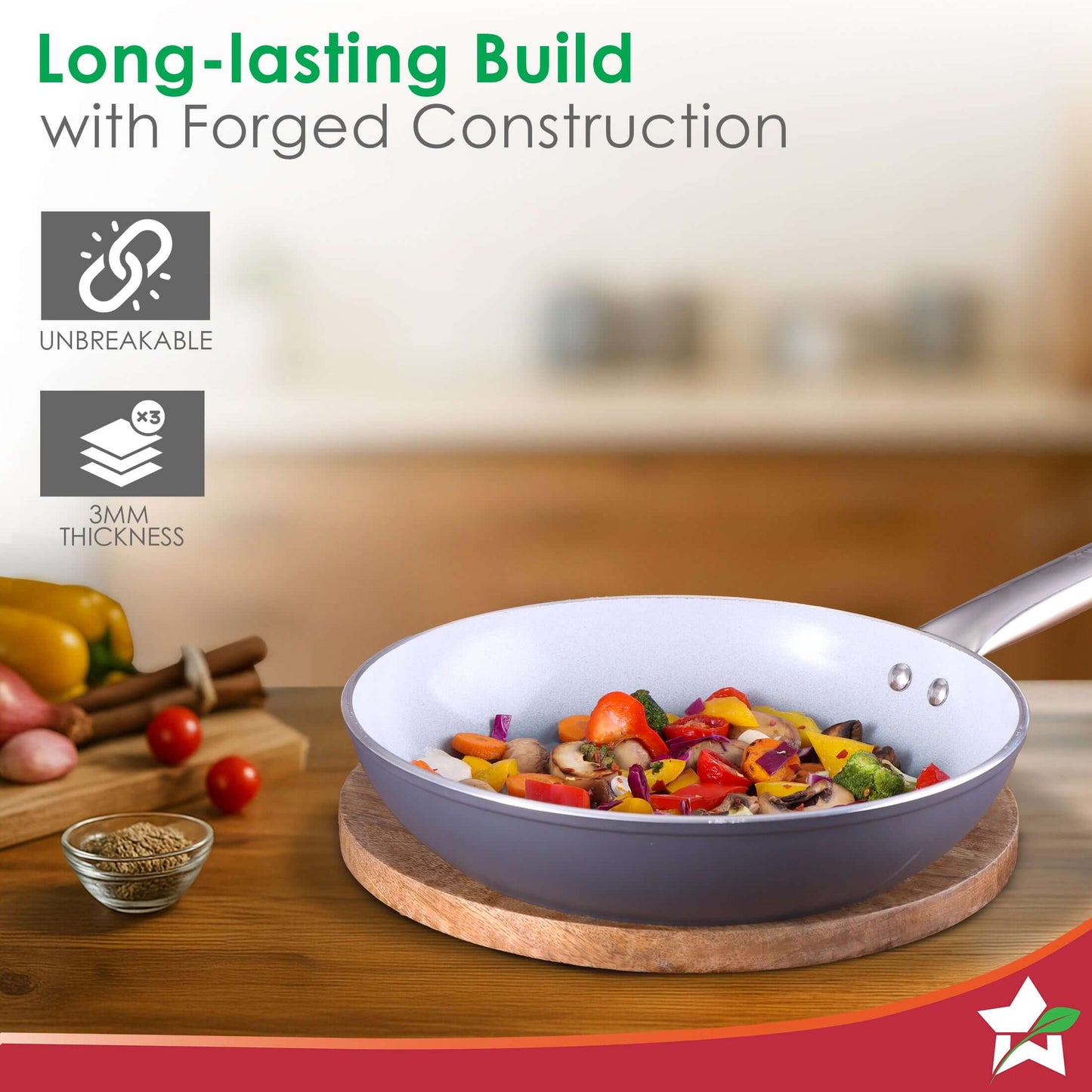 Eco-Glide Fry Pan | | Chemical-free Ceramic Coating | 20cm, 1.2L | Healthy, Low Oil Meals | Scratch-resistant | Stainless-steel Handle | Gas & Induction Compatible | Grey | Easy to Clean