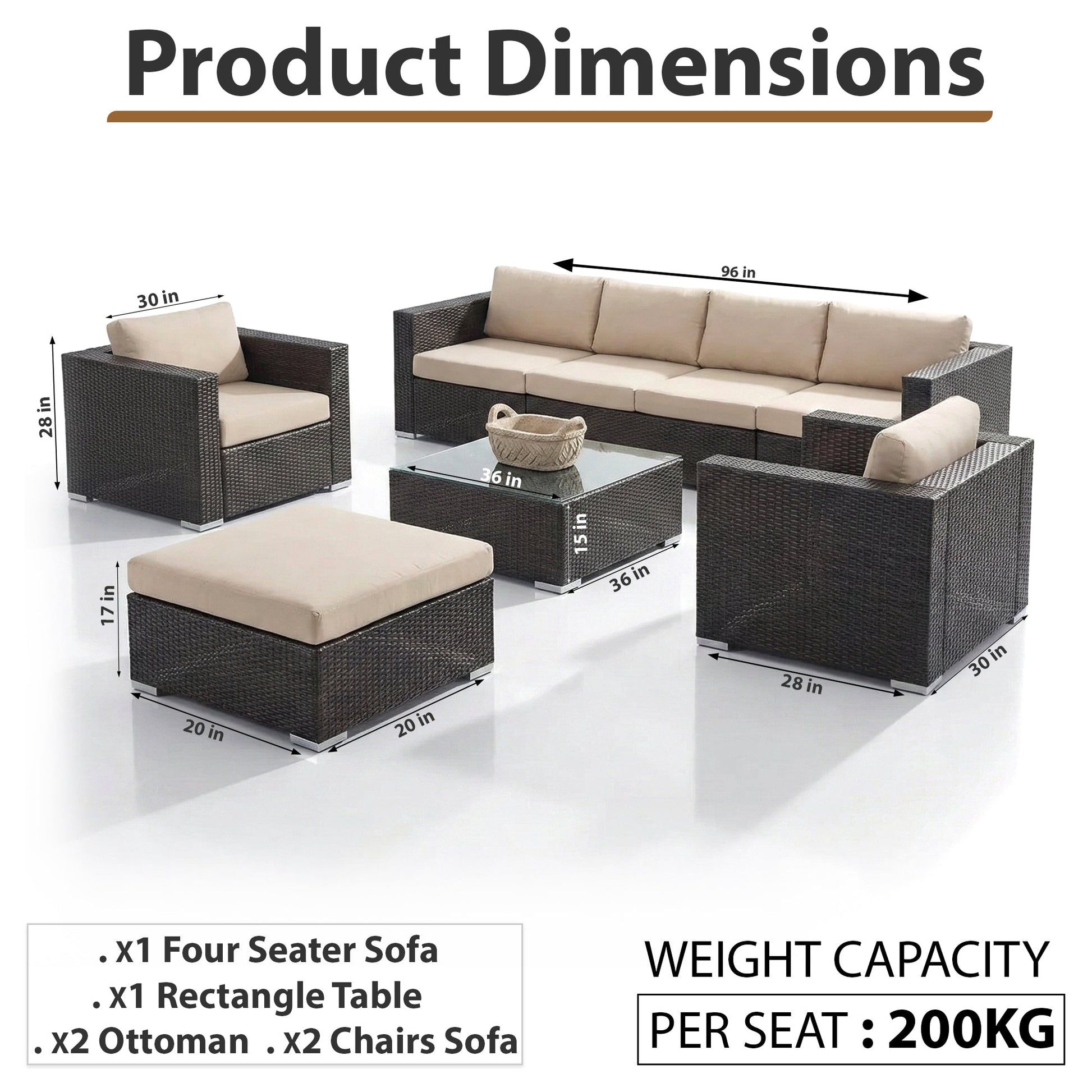 Mimi Outdoor Garden Balcony Sofa Set  4 Seater, 2 Single Seater with 2 ottoman and 1 Center Table Set (Brown)