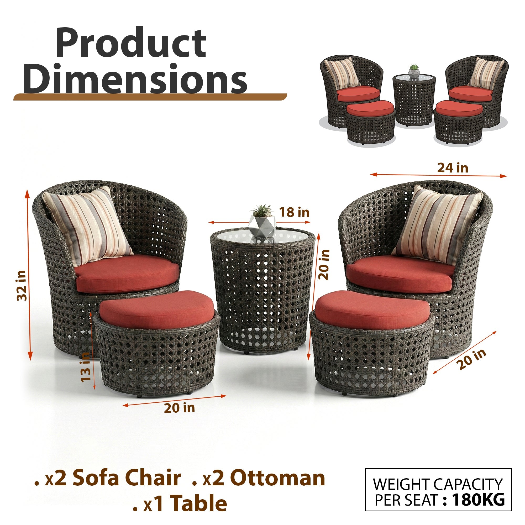 Sinato Outdoor Sofa Set  2 Single seater with 2 ottoman and 1 Center Table (Brown)