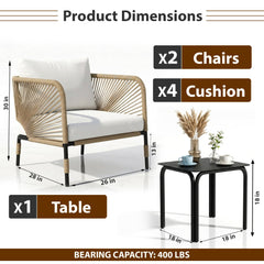 Madera Outdoor Patio Seating Set 2 Chairs and 1 Table Set (Beige) Braided & Rope