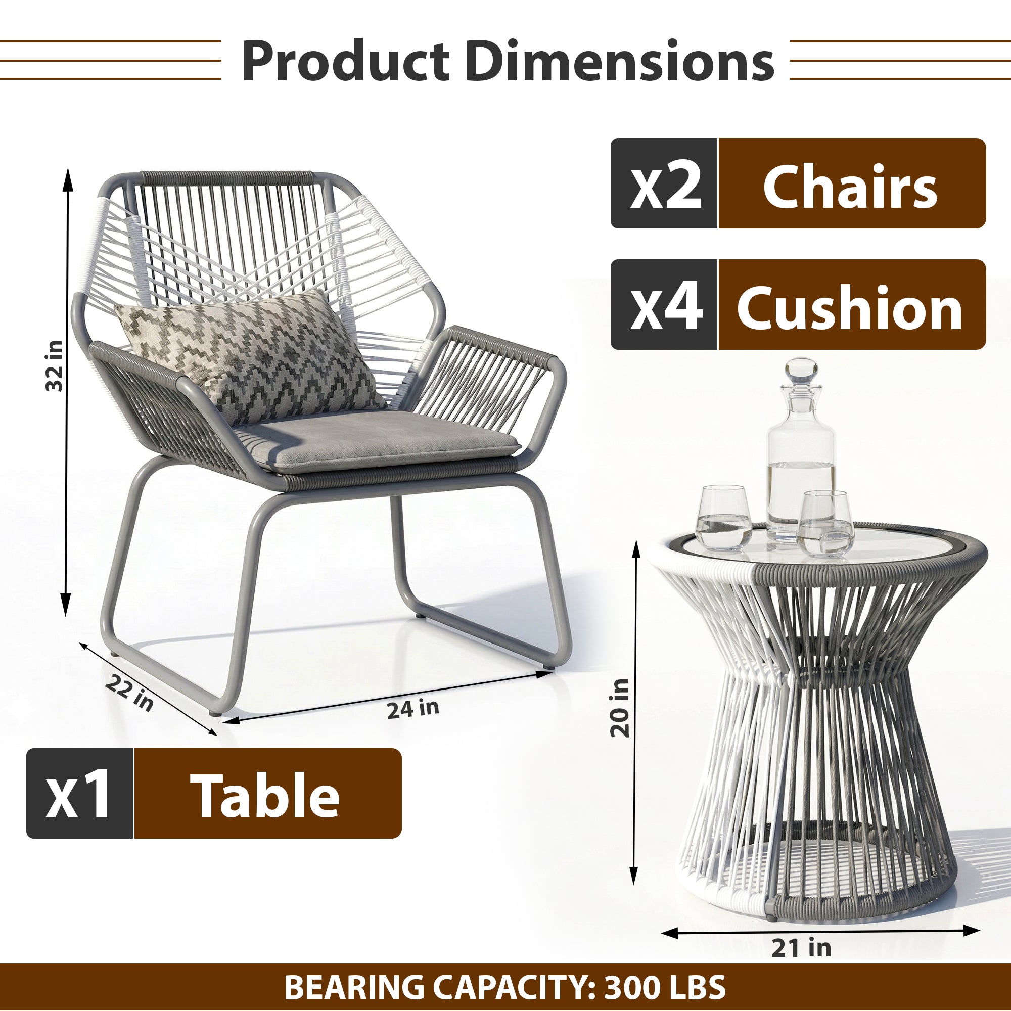 Crimson Outdoor Patio Seating Set 2 Chairs and 1 Table Set (White + Dark Grey)