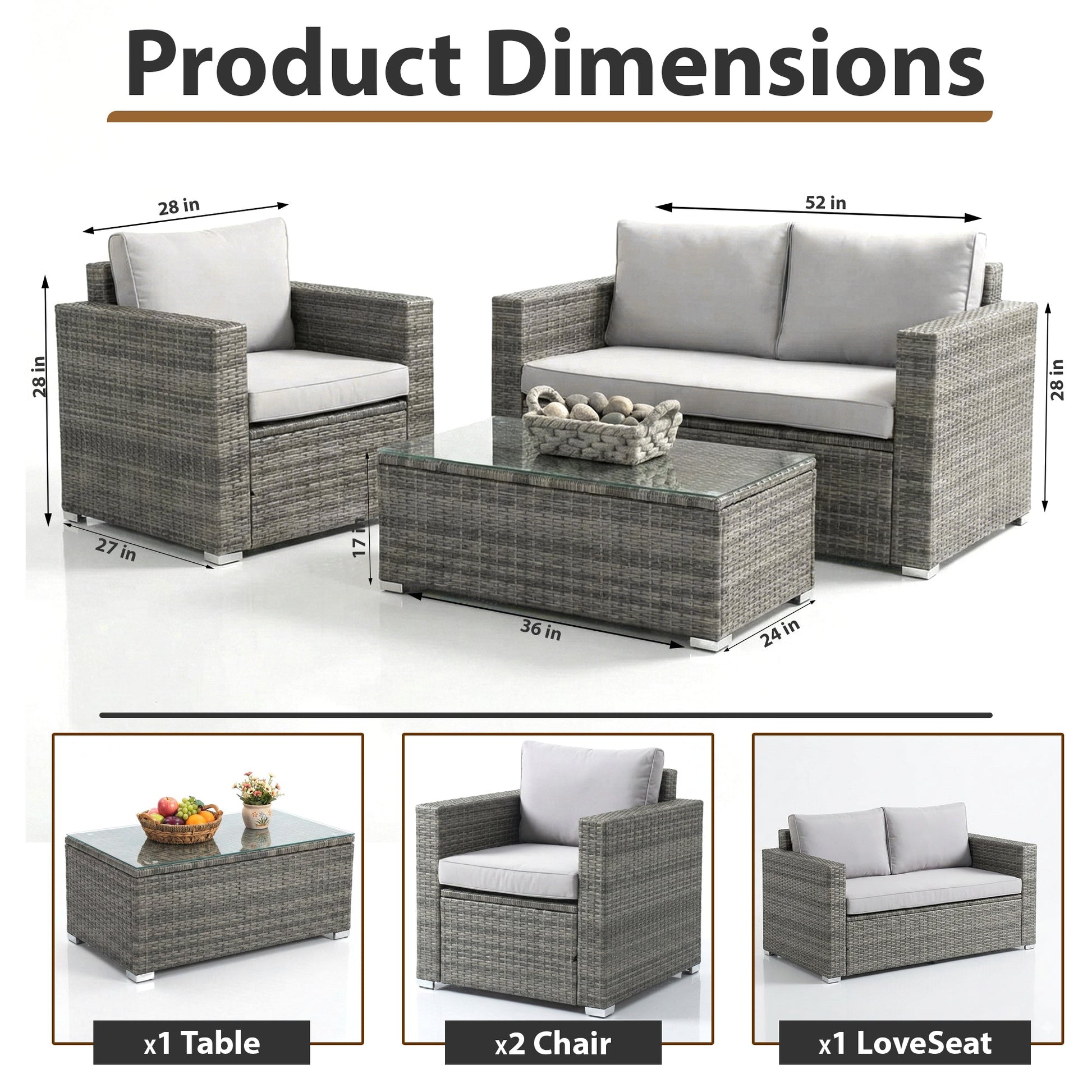 Roros Outdoor Sofa Set 2 Seater, 2 Single seater and 1 Center Table Set (Grey)