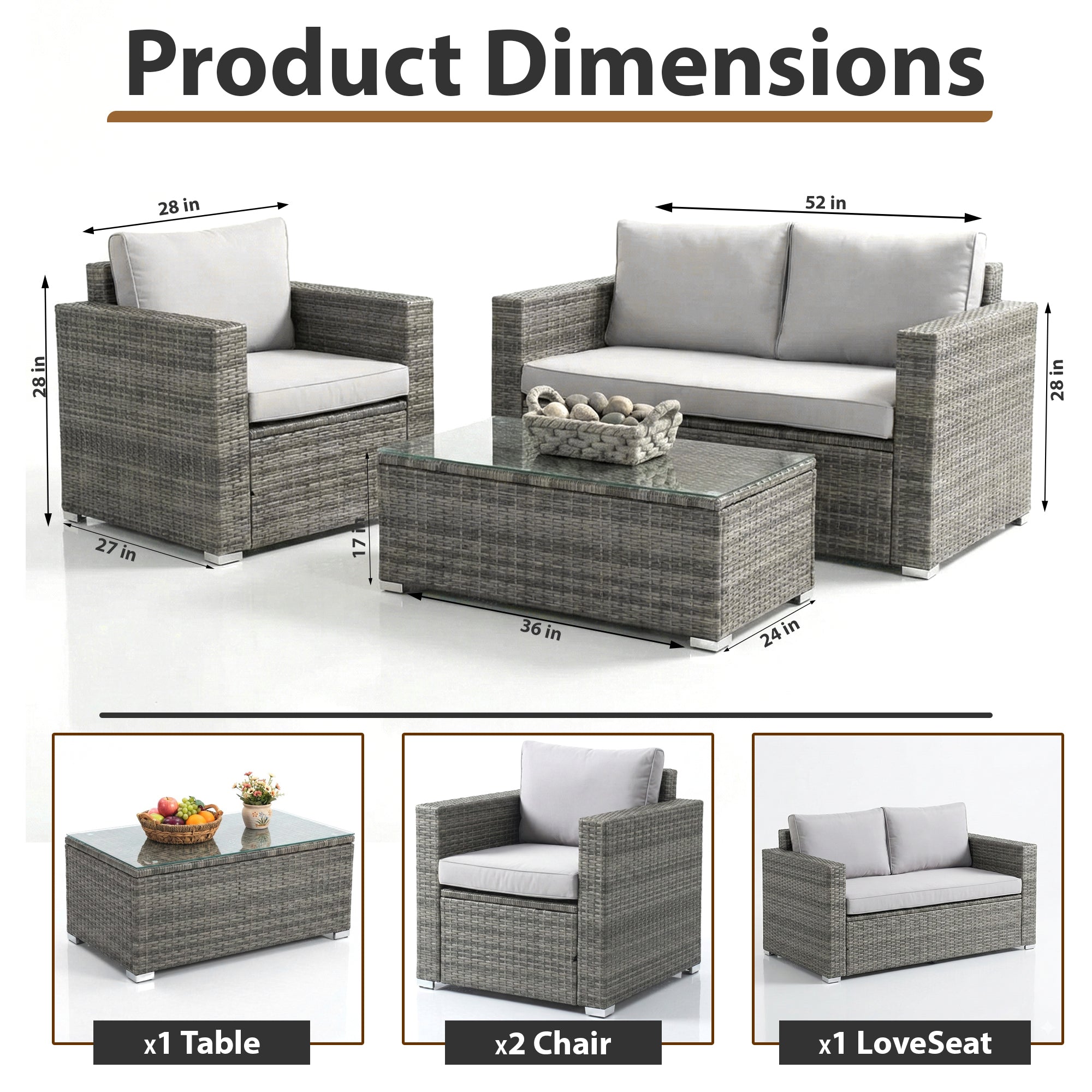 Roros Outdoor Sofa Set 2 Seater, 2 Single seater and 1 Center Table Set (Grey)