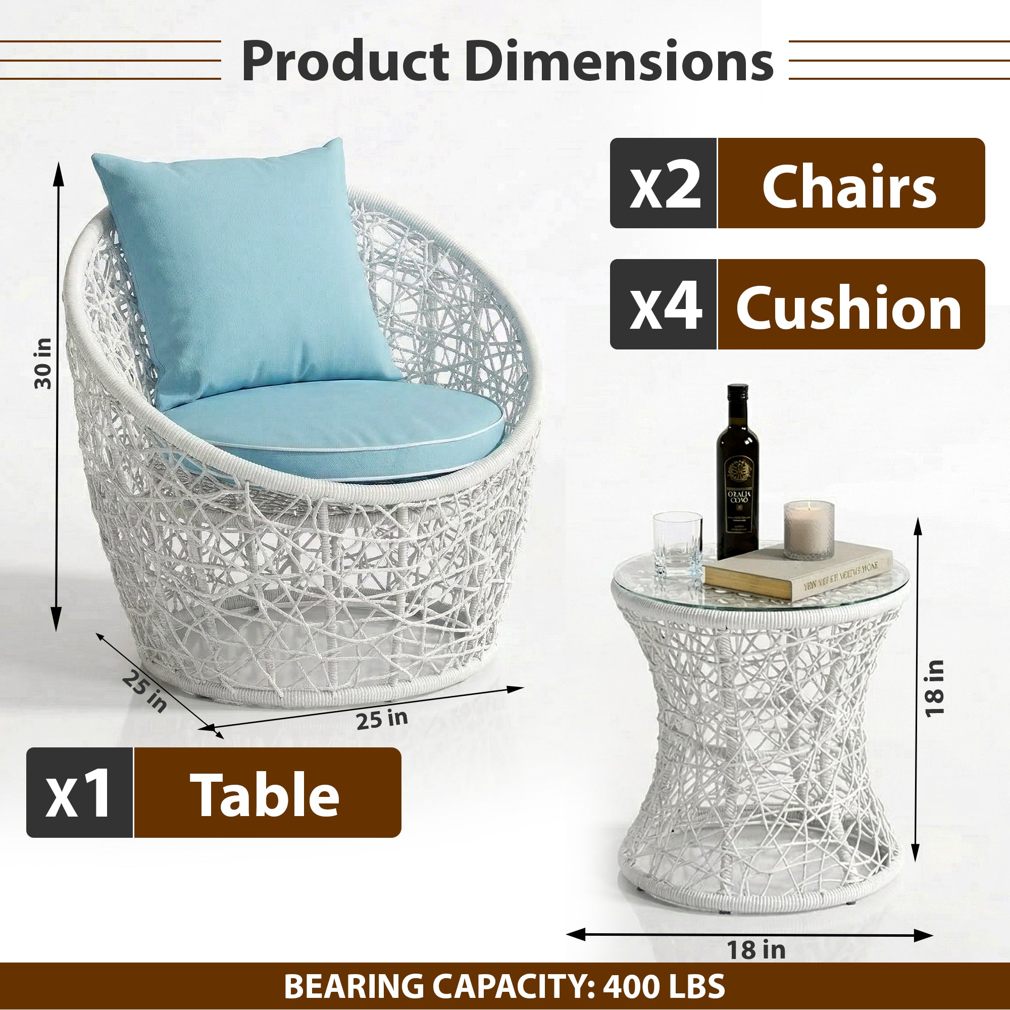 Rockstar Outdoor Patio Seating Set 2 Chairs and 1 Table Set (White)
