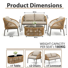 Willa Outdoor Sofa Set 2 Seater , 2 Single seater and 1 Center Table Set (Beige) Braided & Rope