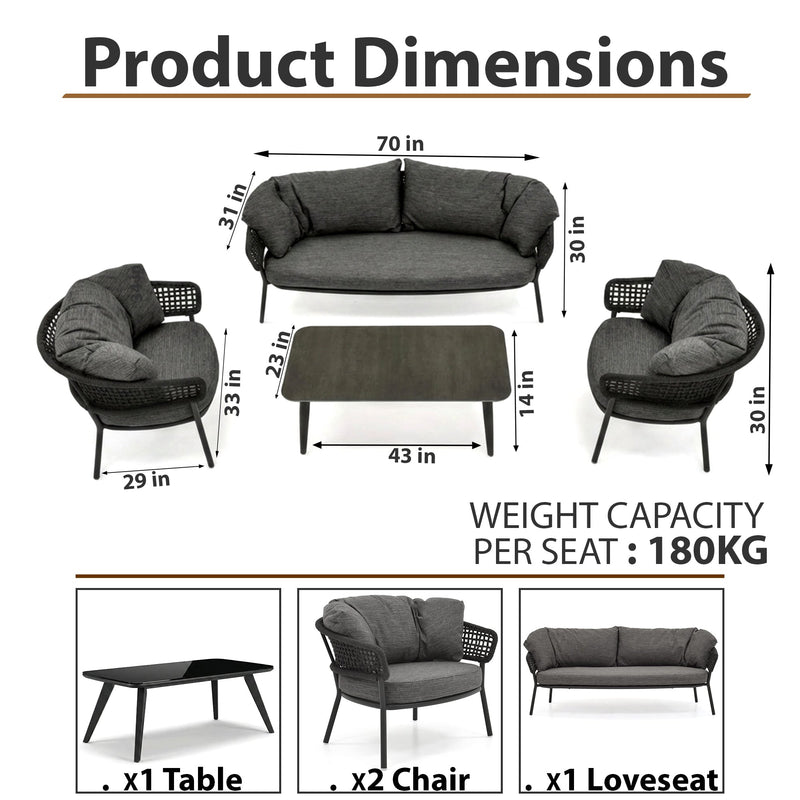 Puff Outdoor Sofa Set 3 Seater , 2 Single seater and 1 Center Table Set (Black) Braided & Rope