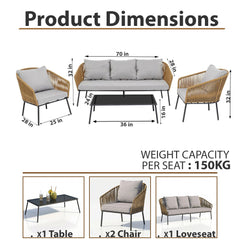 Goons Outdoor Sofa Set 3 Seater , 2 Single seater and 1 Center Table Set (Khaki) Braided & Rope