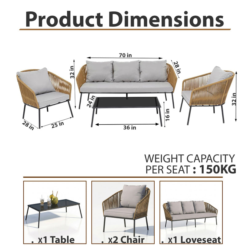 Goons Outdoor Sofa Set 3 Seater , 2 Single seater and 1 Center Table Set (Khaki) Braided & Rope