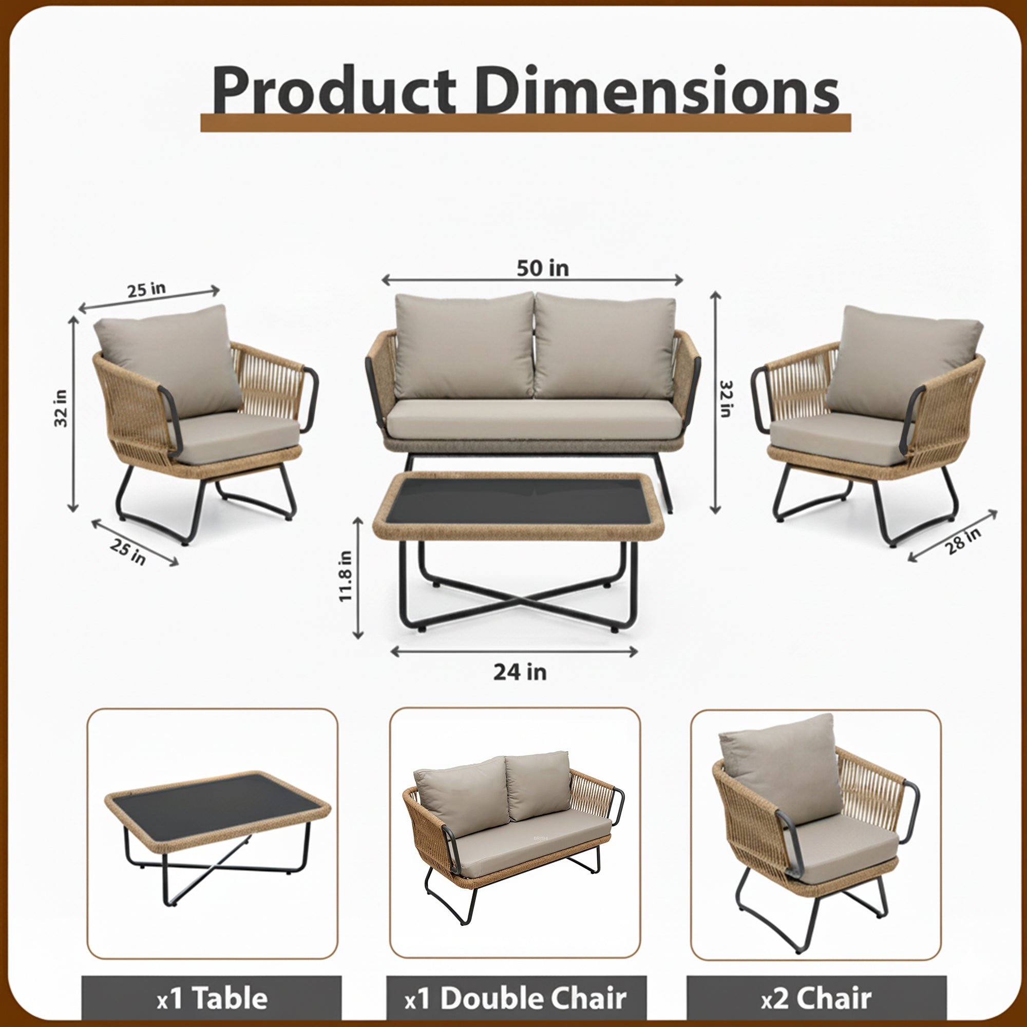 Pinon Outdoor Garden Balcony Sofa Set 2 Seater , 2 Single Seater 1 Center Table Set (Beige) Braided and Rope