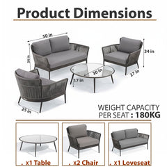 Tanza Outdoor Garden Balcony Sofa Set 2 Seater , 2 Single Seater 1 Center Table Set (Dark Grey) Braided and Rope