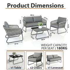 Casu Outdoor Garden Balcony Sofa Set 2 Seater, 2 Single seater and 1 Center Table Set, Braid & Rope (Grey)