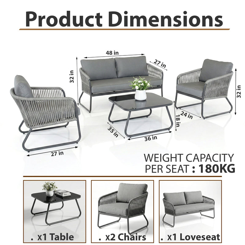 Casu Outdoor Garden Balcony Sofa Set 2 Seater, 2 Single seater and 1 Center Table Set, Braid & Rope (Grey)