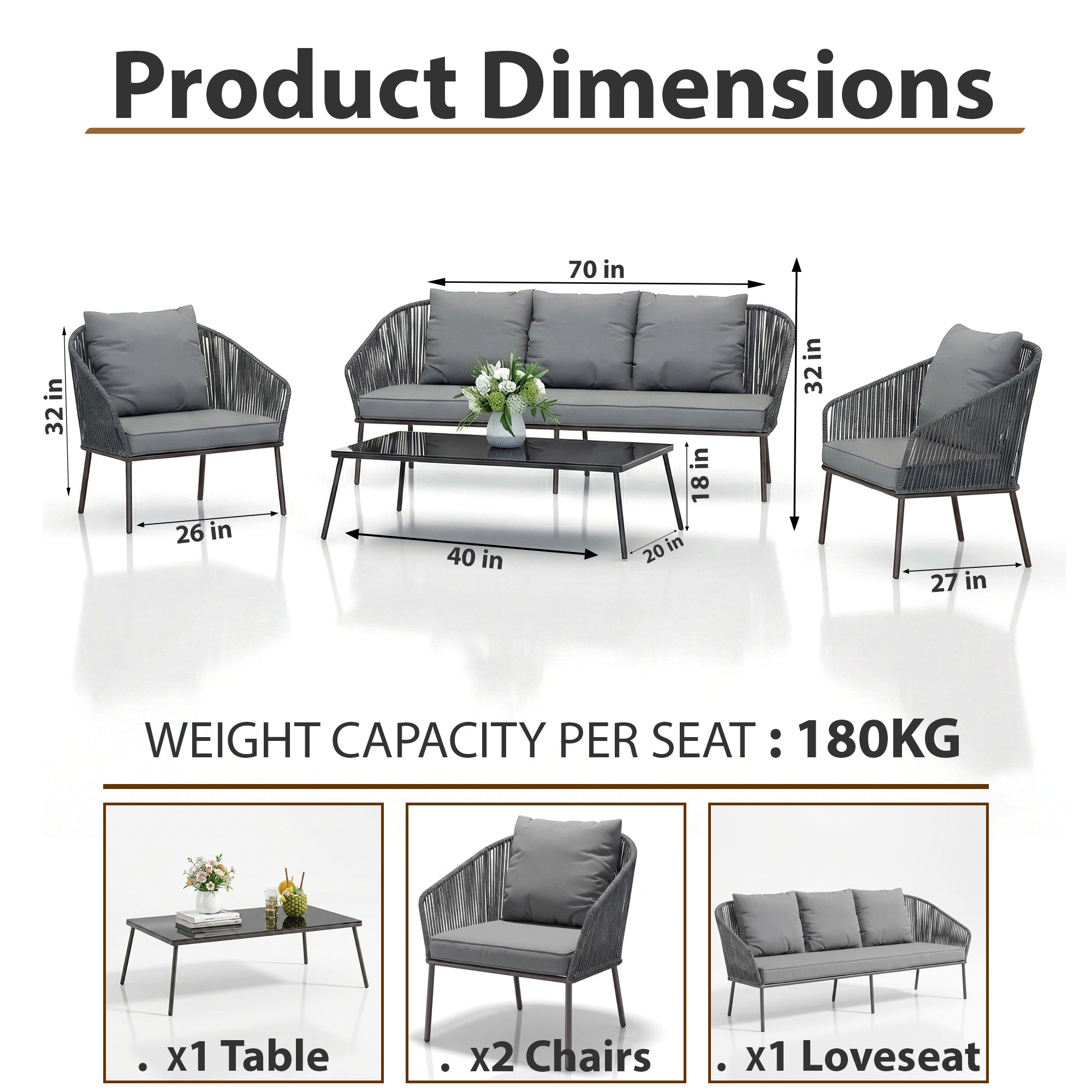 Shed Outdoor Sofa Set 3 Seater , 2 Single seater and 1 Center Table Set (Dark grey) Braided & Rope