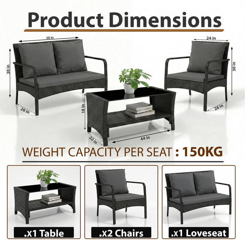 Feya Outdoor Sofa Set 2 Seater, 2 Single seater and 1 Center Table Set (Black)
