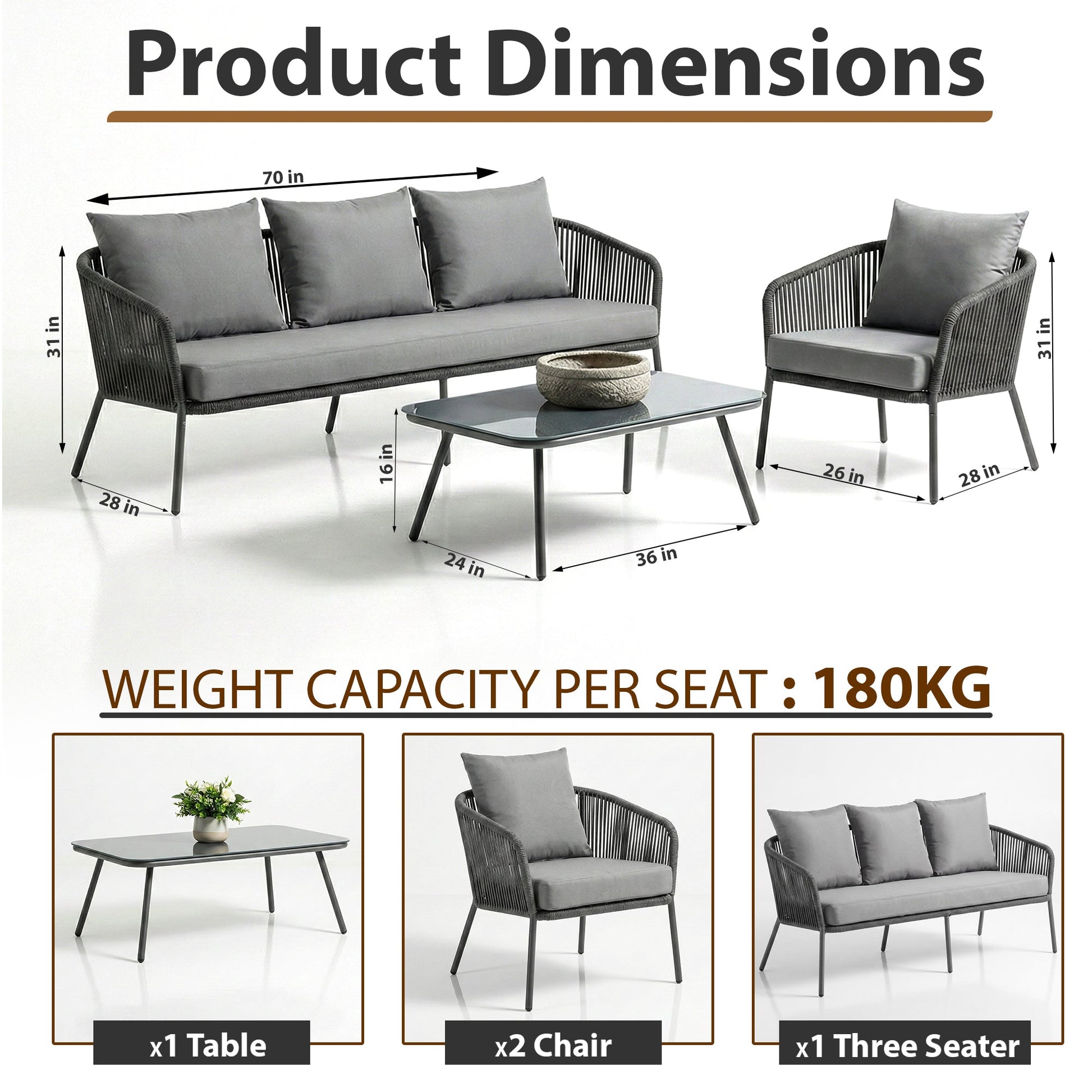 Akva Outdoor Sofa Set 3 Seater , 2 Single seater and 1 Center Table Set (Grey) Braided & Rope