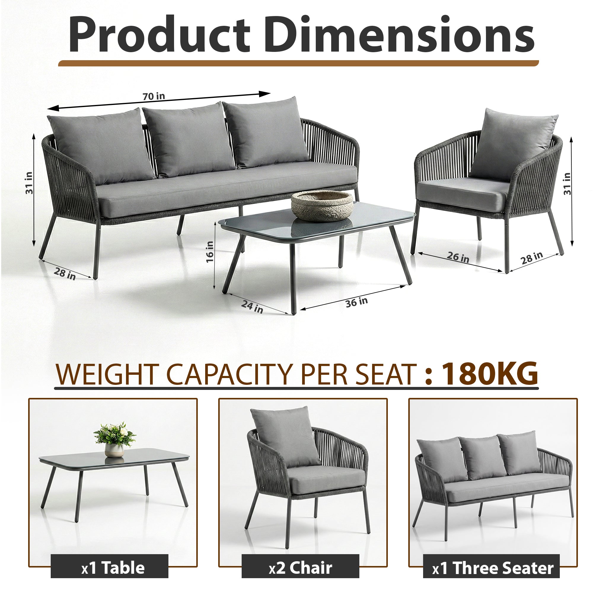 Akva Outdoor Sofa Set 3 Seater , 2 Single seater and 1 Center Table Set (Grey) Braided & Rope