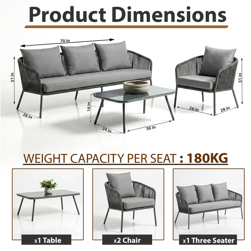Akva Outdoor Sofa Set 3 Seater , 2 Single seater and 1 Center Table Set (Grey) Braided & Rope