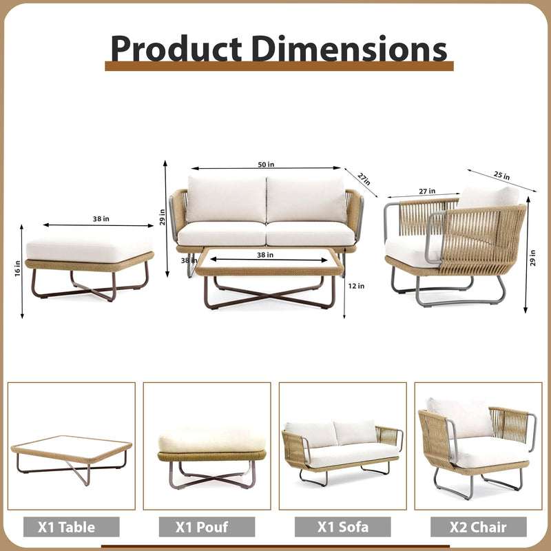 Kenly Outdoor Sofa Set 2 Seater, 2 Single seater and 1 Center Table with ottoman (Tan) Braided & Rope