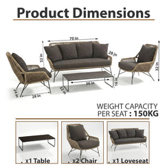 Zalit Outdoor Garden Balcony Sofa Set 3 Seater , 2 Single Seater 1 Center Table Set (Browm-Beige) Braided and Rope