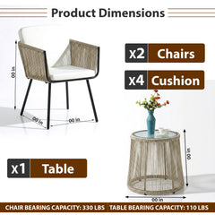 Rapid Outdoor Patio Seating Set 2 Chairs and 1 Table Set (Cream) Braided & Rope
