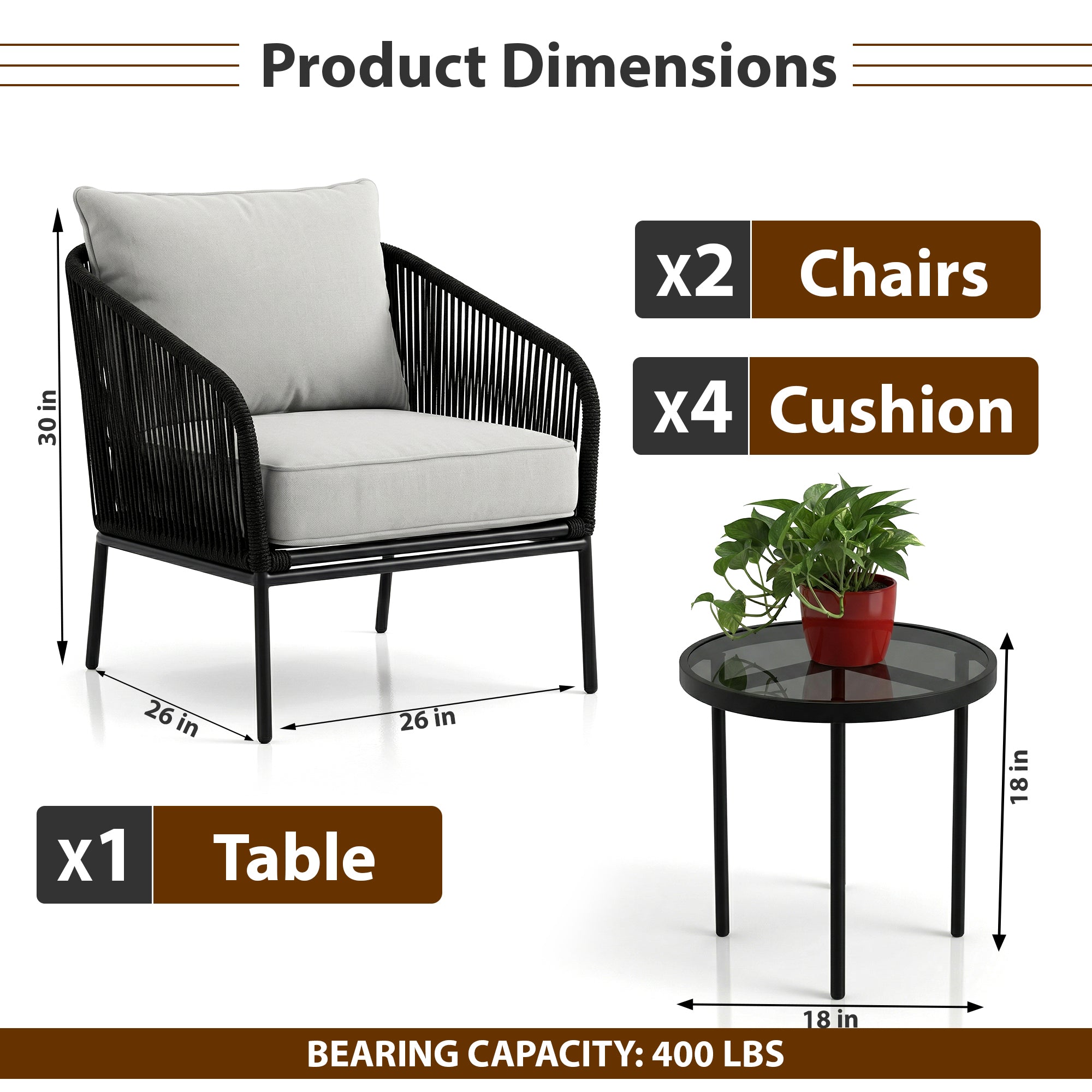 Alwin Outdoor Patio Seating Set 2 Chairs and 1 Table Set (Black) Braided And Rope