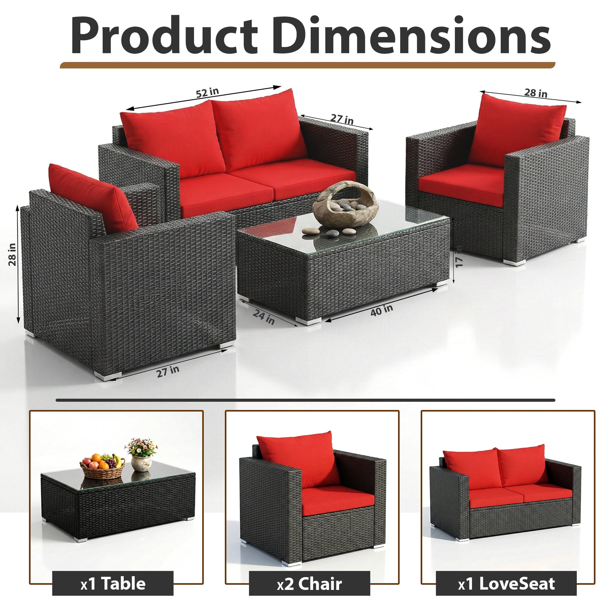 Olavarria Outdoor Sofa Set 2 Seater, 2 Single seater and 1 Center Table (Red)