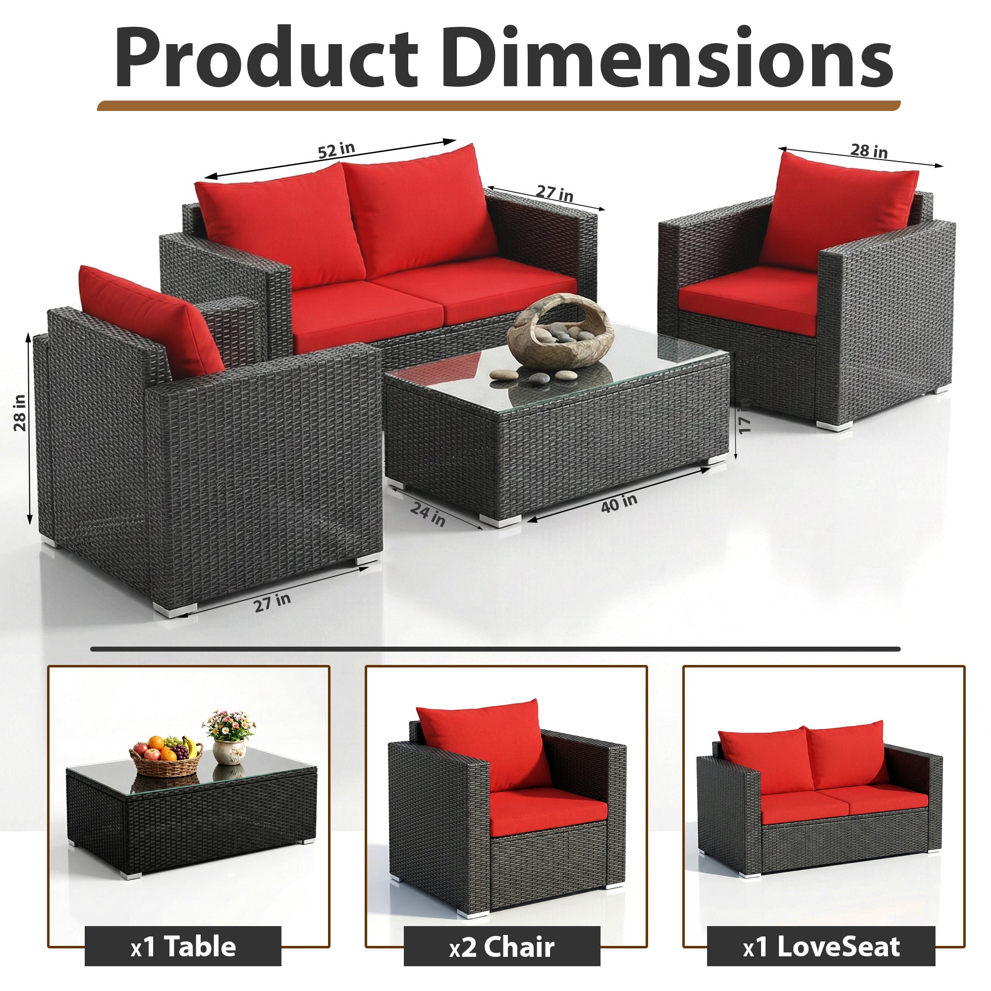 Olavarria Outdoor Sofa Set 2 Seater, 2 Single seater and 1 Center Table (Red)
