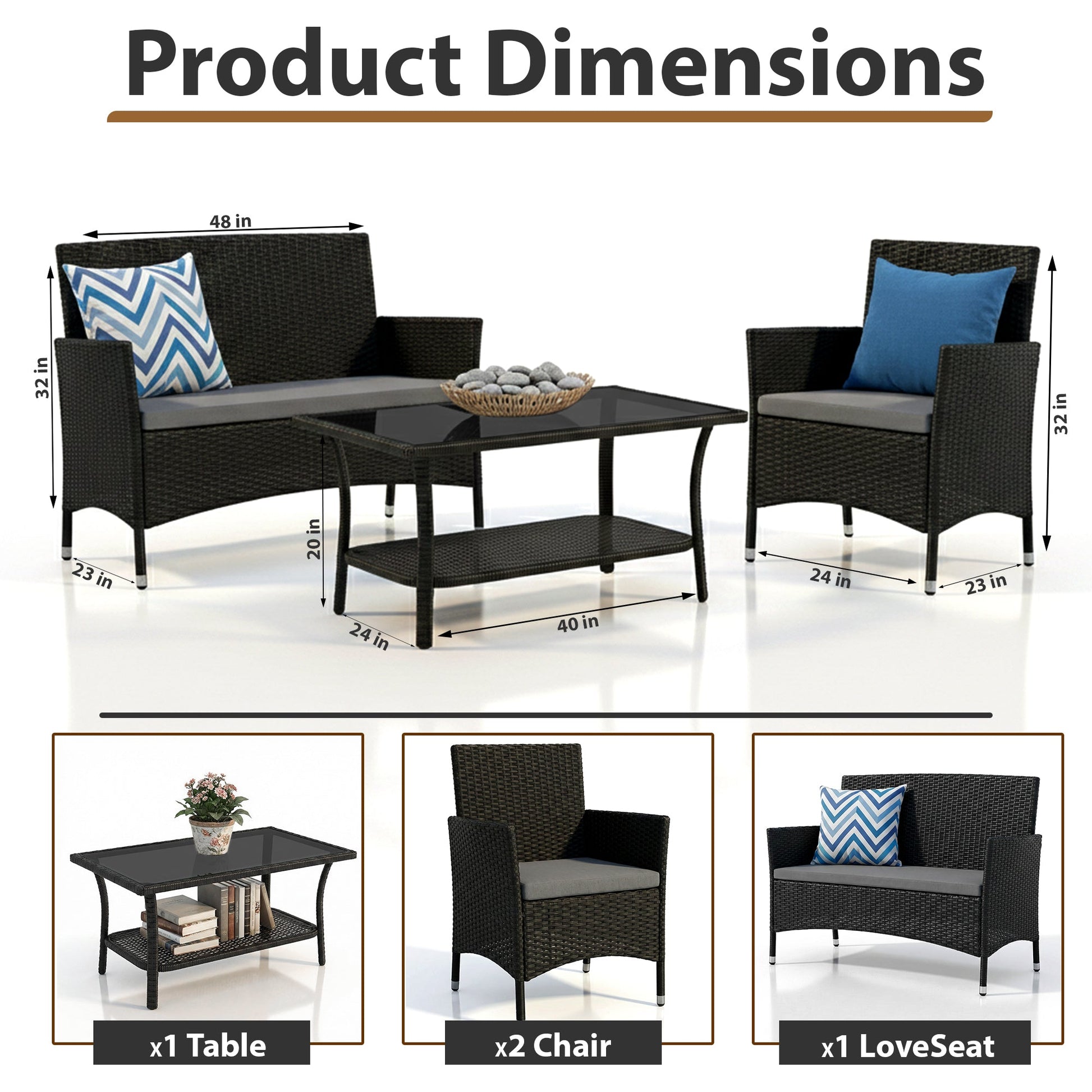Elix Outdoor Sofa Set 2 Seater , 2 Single seater and 1 Center Table Set (Black)