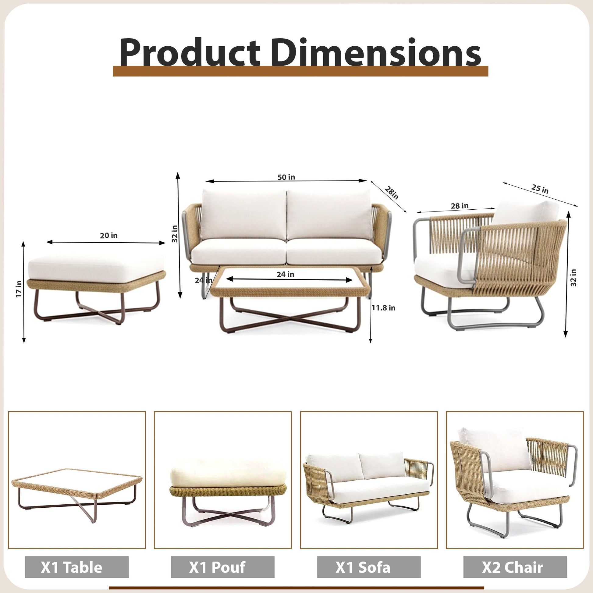 Elix Outdoor Sofa Set 2 Seater, 2 Single seater and 1 Center Table with ottoman (Tan) Braided & Rope