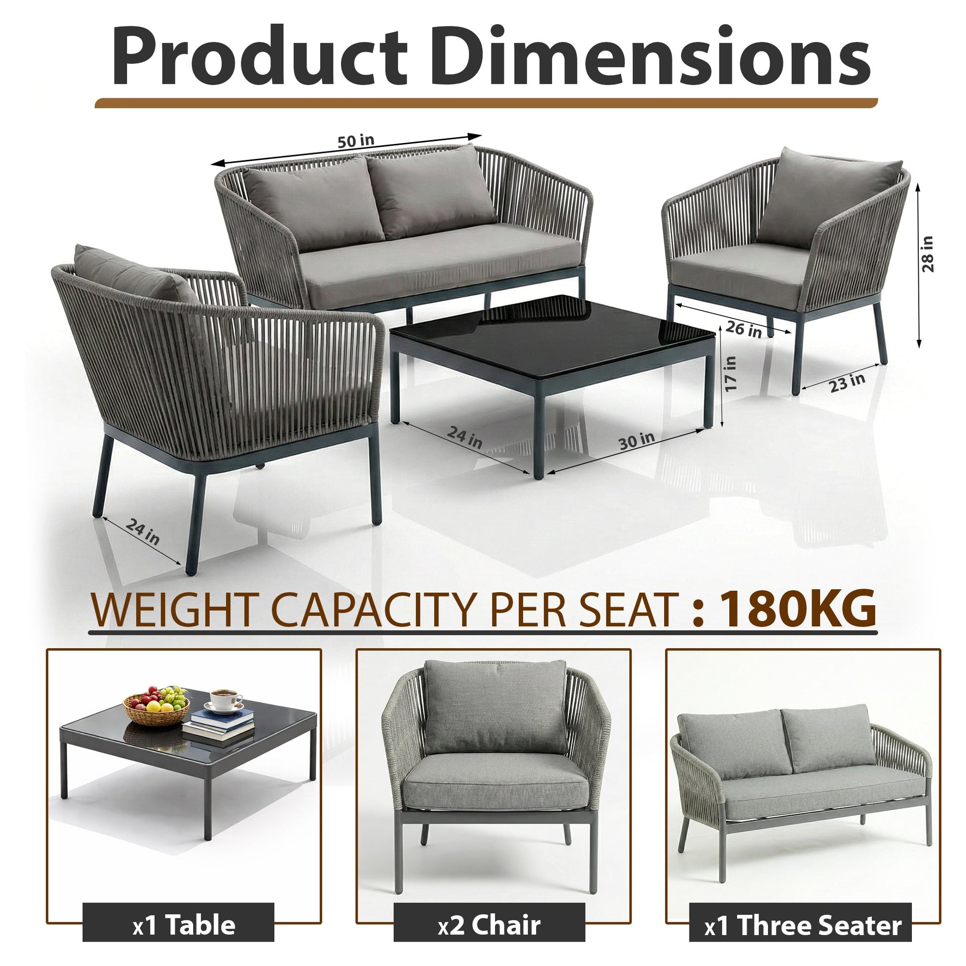 Athan Outdoor Garden Balcony Sofa Set 2 Seater , 2 Single Seater 1 Center Table Set (Dark Grey) Braided and Rope
