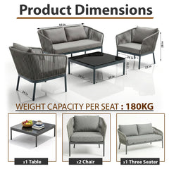 Athan Outdoor Garden Balcony Sofa Set 2 Seater , 2 Single Seater 1 Center Table Set (Dark Grey) Braided and Rope