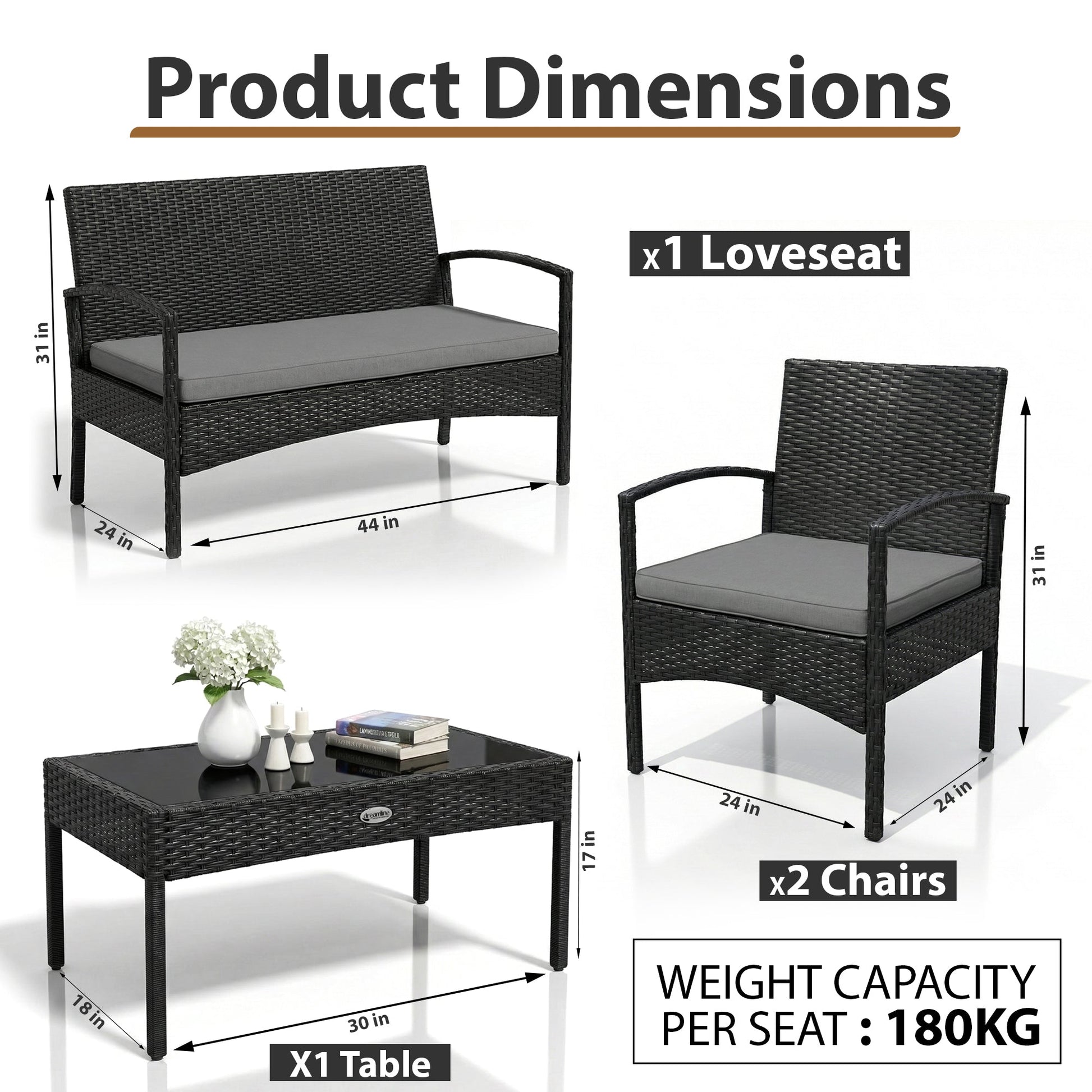 Gaetano Outdoor Sofa Set 2 Seater , 2 Single seater and 1 Center Table (Black)
