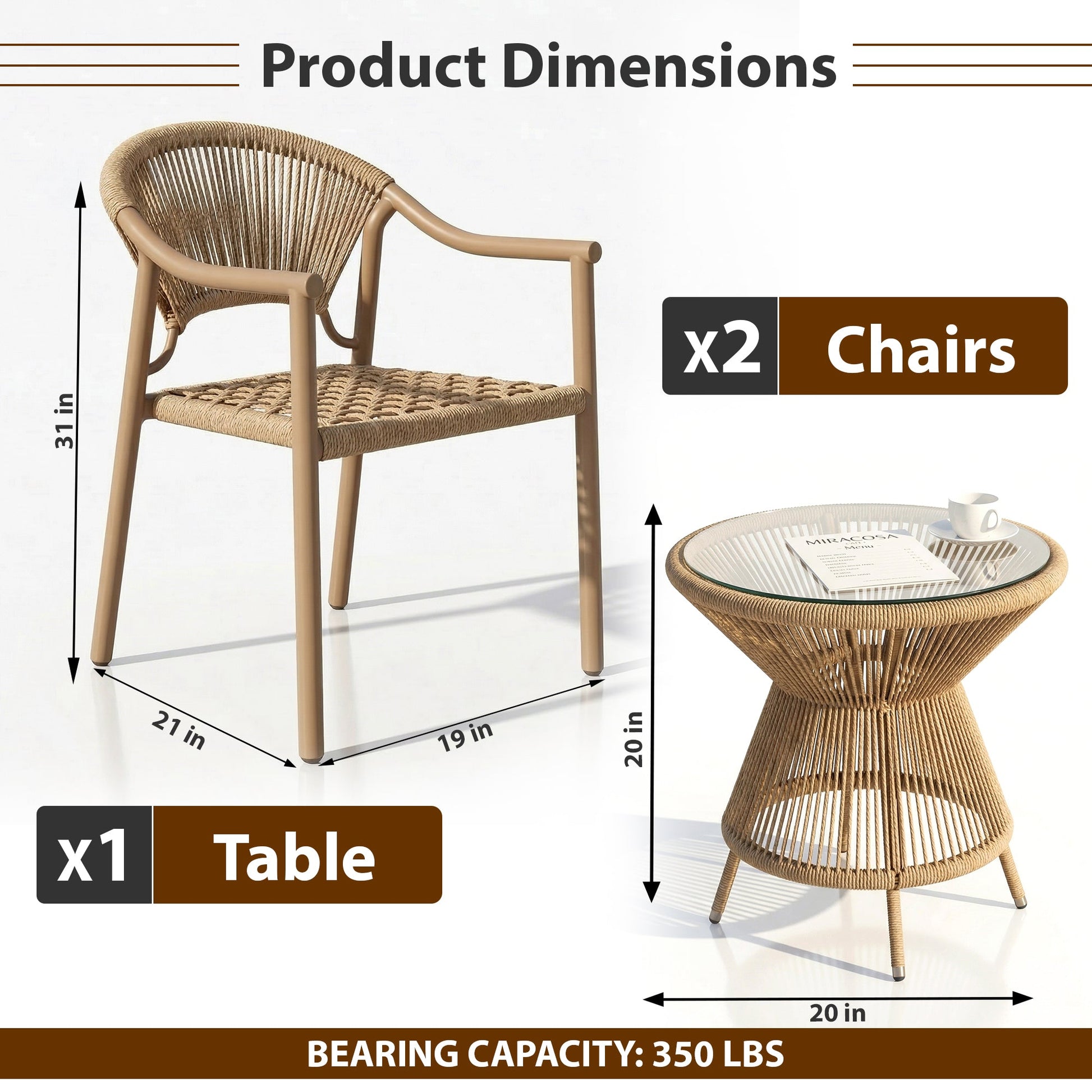 Ikra Outdoor Patio Seating Set 2 Chairs and 1 Table Set (Beige) Braided & Rope