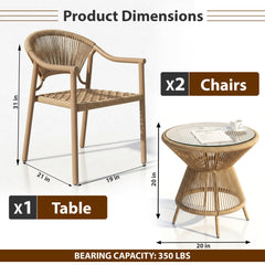 Ikra Outdoor Patio Seating Set 2 Chairs and 1 Table Set (Beige) Braided & Rope
