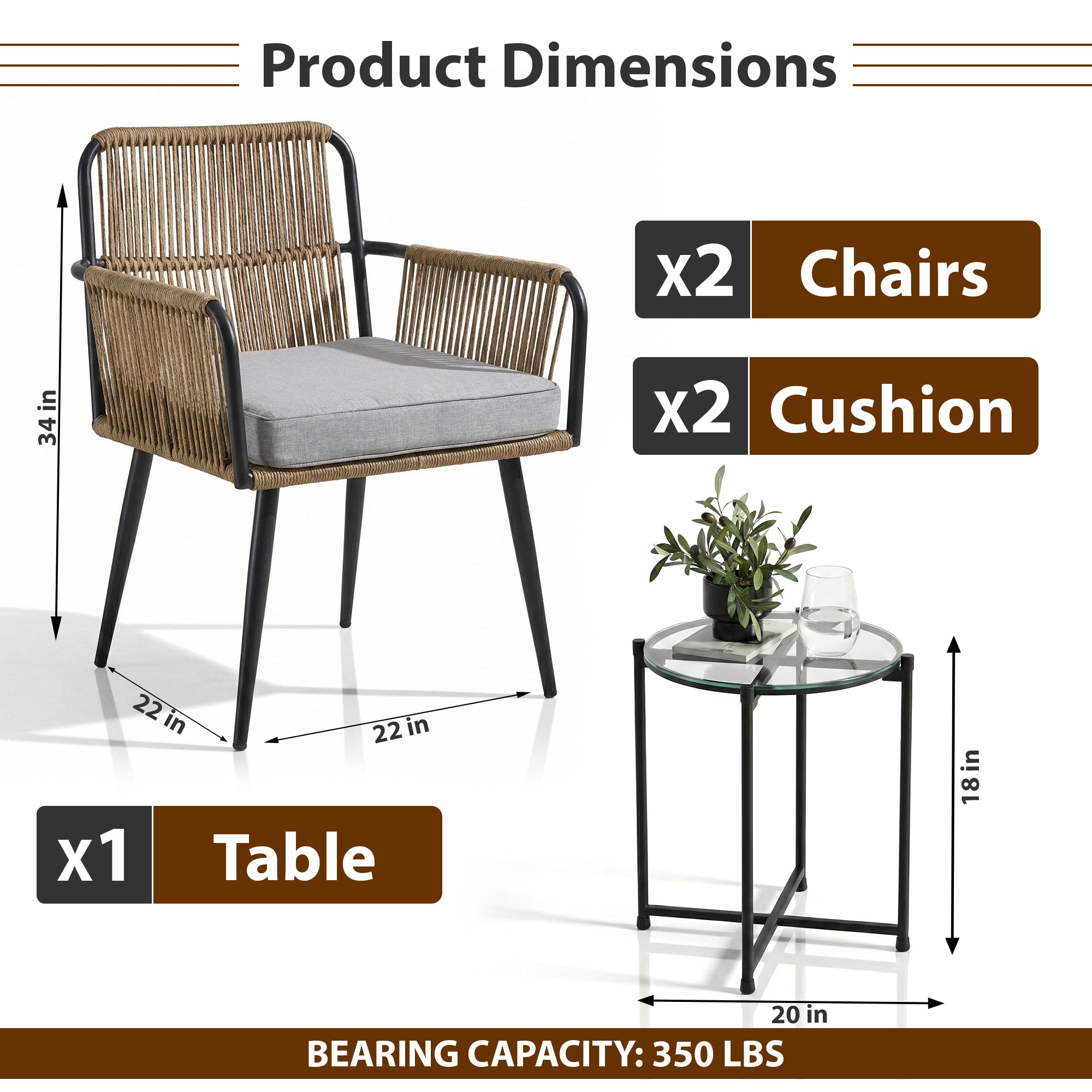Susten Outdoor Patio Seating Set 2 Chairs and 1 Table Set (Tan) Braided & Rope