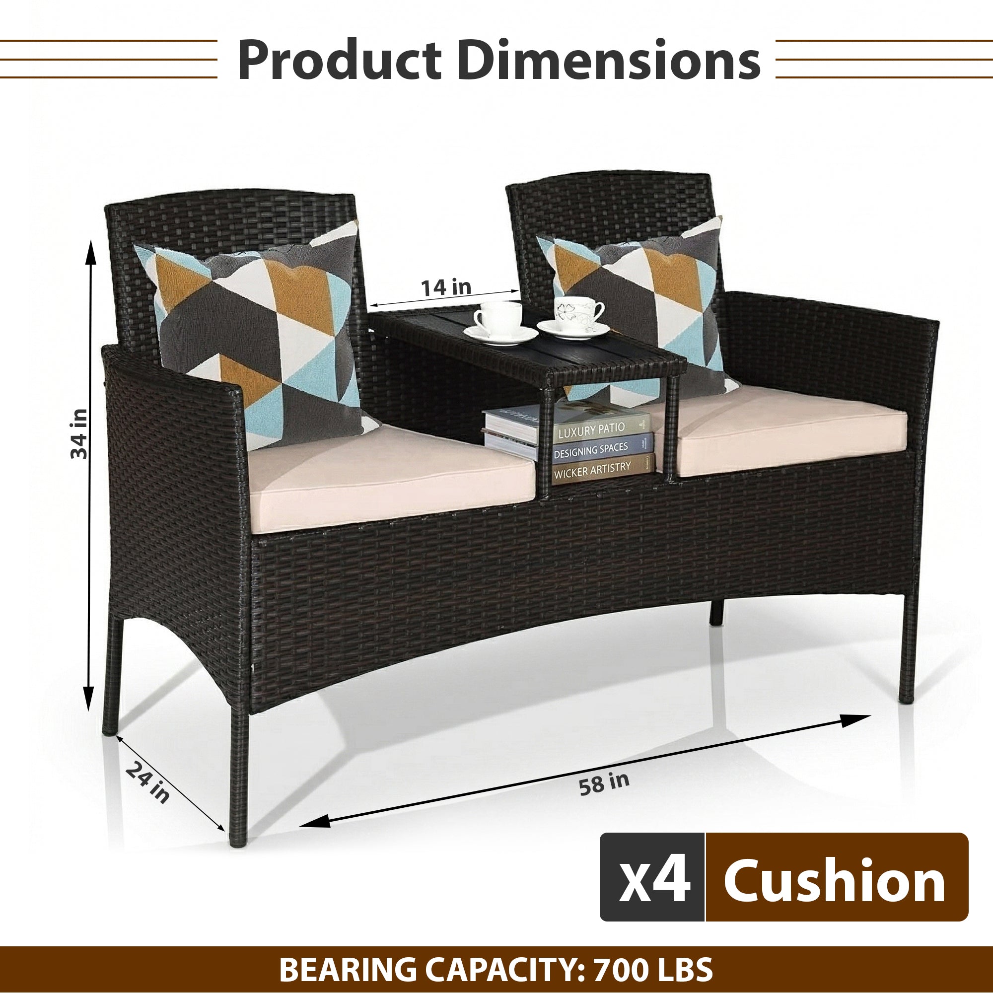 Dreamline Outdoor Furniture Garden Patio Seating Set of 2 Attached Chairs and Table Set Balcony Furniture Coffee Table Set(Black)